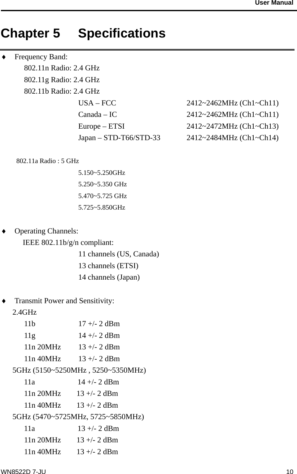                                           User Manual                                              WN8522D 7-JU  10Chapter 5   Specifications   ♦ Frequency Band:   802.11n Radio: 2.4 GHz     802.11g Radio: 2.4 GHz   802.11b Radio: 2.4 GHz USA – FCC       2412~2462MHz (Ch1~Ch11)      Canada – IC     2412~2462MHz (Ch1~Ch11)      Europe – ETSI     2412~2472MHz (Ch1~Ch13)         Japan – STD-T66/STD-33  2412~2484MHz (Ch1~Ch14)       802.11a Radio : 5 GHz 5.150~5.250GHz 5.250~5.350 GHz 5.470~5.725 GHz 5.725~5.850GHz  ♦ Operating Channels:    IEEE 802.11b/g/n compliant: 11 channels (US, Canada) 13 channels (ETSI) 14 channels (Japan)  ♦ Transmit Power and Sensitivity:   2.4GHz 11b          17 +/- 2 dBm 11g          14 +/- 2 dBm 11n 20MHz      13 +/- 2 dBm 11n 40MHz    13 +/- 2 dBm 5GHz (5150~5250MHz , 5250~5350MHz)       11a           14 +/- 2 dBm       11n 20MHz    13 +/- 2 dBm       11n 40MHz    13 +/- 2 dBm 5GHz (5470~5725MHz, 5725~5850MHz)       11a           13 +/- 2 dBm       11n 20MHz    13 +/- 2 dBm       11n 40MHz    13 +/- 2 dBm 