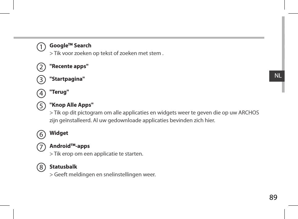 89NLGoogleTM Search&gt; Tik voor zoeken op tekst of zoeken met stem .&quot;Recente apps&quot;&quot;Startpagina&quot;&quot;Terug&quot;&quot;Knop Alle Apps&quot; &gt; Tik op dit pictogram om alle applicaties en widgets weer te geven die op uw ARCHOS zijn geïnstalleerd. Al uw gedownloade applicaties bevinden zich hier. WidgetAndroidTM-apps   &gt; Tik erop om een applicatie te starten.Statusbalk   &gt; Geeft meldingen en snelinstellingen weer.12345678