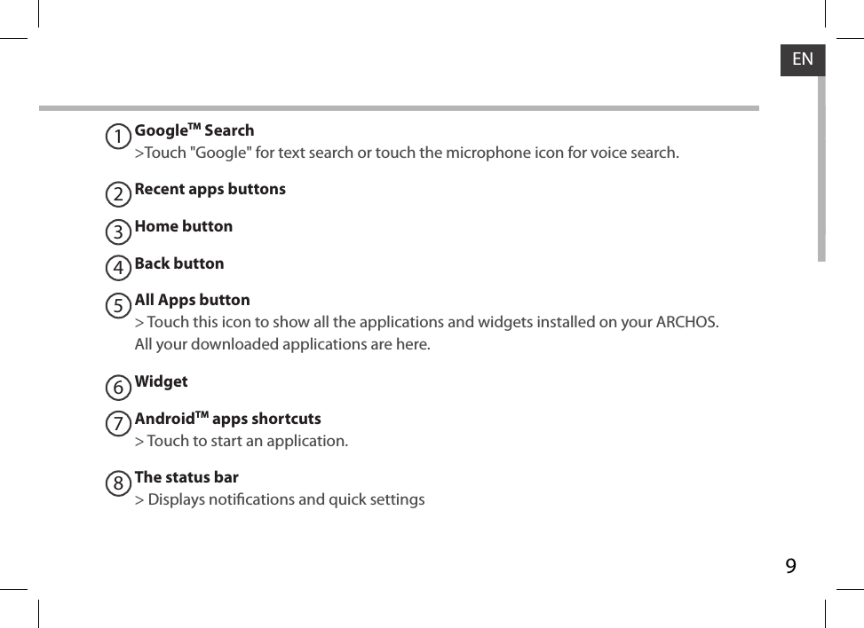 9ENGoogleTM Search&gt;Touch &quot;Google&quot; for text search or touch the microphone icon for voice search. Recent apps buttonsHome button Back buttonAll Apps button&gt; Touch this icon to show all the applications and widgets installed on your ARCHOS. All your downloaded applications are here.WidgetAndroidTM apps shortcuts&gt; Touch to start an application.The status bar&gt; Displays notications and quick settings12345678