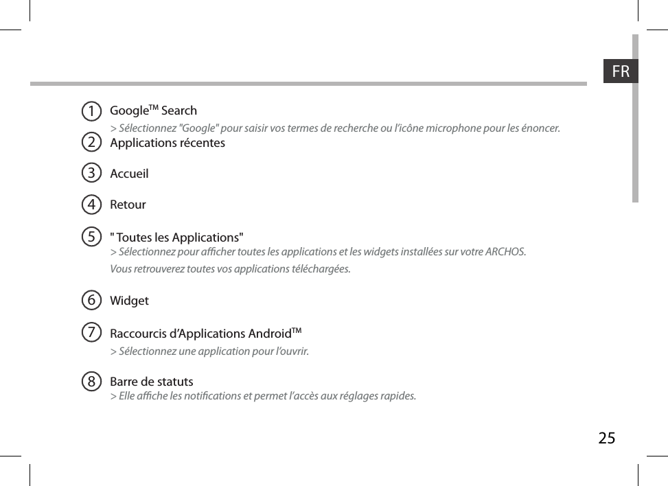 25FRGoogleTM Search&gt; Sélectionnez &quot;Google&quot; pour saisir vos termes de recherche ou l’icône microphone pour les énoncer.Applications récentesAccueilRetour&quot; Toutes les Applications&quot; &gt; Sélectionnez pour acher toutes les applications et les widgets installées sur votre ARCHOS. Vous retrouverez toutes vos applications téléchargées.WidgetRaccourcis d’Applications AndroidTM  &gt; Sélectionnez une application pour l’ouvrir.Barre de statuts&gt; Elle ache les notications et permet l’accès aux réglages rapides.12345678