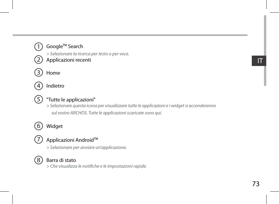 73ITGoogleTM Search&gt; Selezionare la ricerca per testo o per voce.Applicazioni recentiHomeIndietro&quot;Tutte le applicazioni&quot; &gt; Selezionare questa icona per visualizzare tutte le applicazioni e i widget si accenderanno      sul vostro ARCHOS. Tutte le applicazioni scaricate sono qui. WidgetApplicazioni AndroidTM&gt; Selezionare per avviare un’applicazione.Barra di stato  &gt; Che visualizza le notiche e le impostazioni rapide.12345678