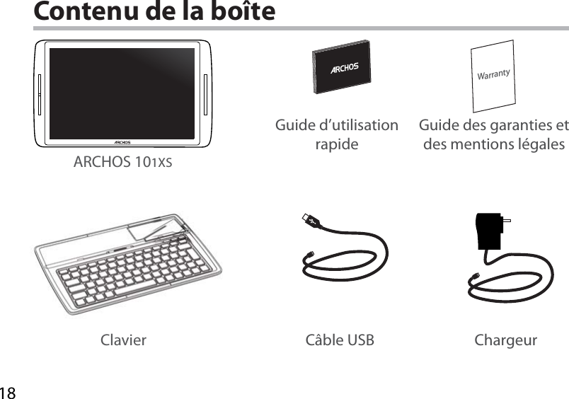 18WarrantyContenu de la boîteCâble USB ChargeurGuide d’utilisation rapideGuide des garanties et des mentions légalesARCHOS 101XSClavier