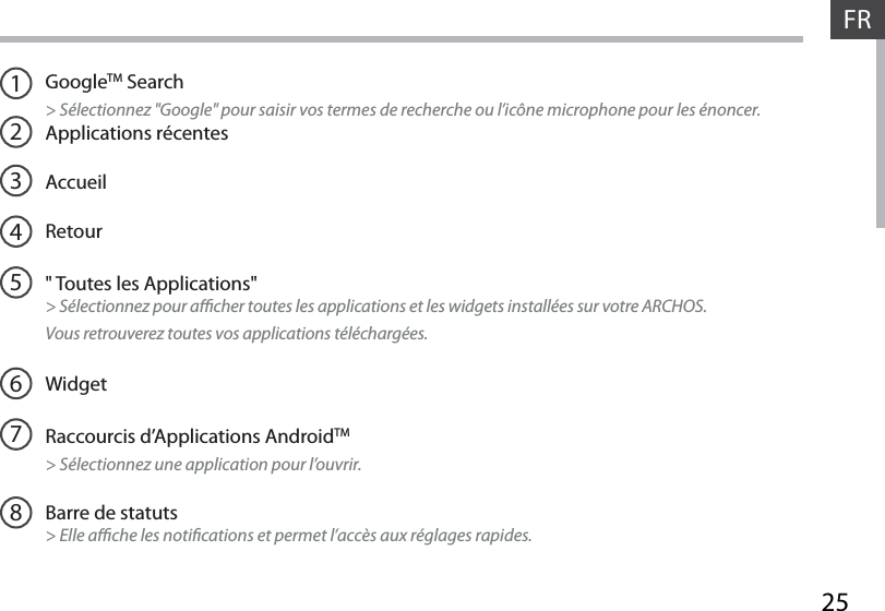 25FRGoogleTM Search&gt; Sélectionnez &quot;Google&quot; pour saisir vos termes de recherche ou l’icône microphone pour les énoncer.Applications récentesAccueilRetour&quot; Toutes les Applications&quot; &gt; Sélectionnez pour acher toutes les applications et les widgets installées sur votre ARCHOS. Vous retrouverez toutes vos applications téléchargées.WidgetRaccourcis d’Applications AndroidTM&gt; Sélectionnez une application pour l’ouvrir.Barre de statuts&gt; Elle ache les notications et permet l’accès aux réglages rapides.12345678