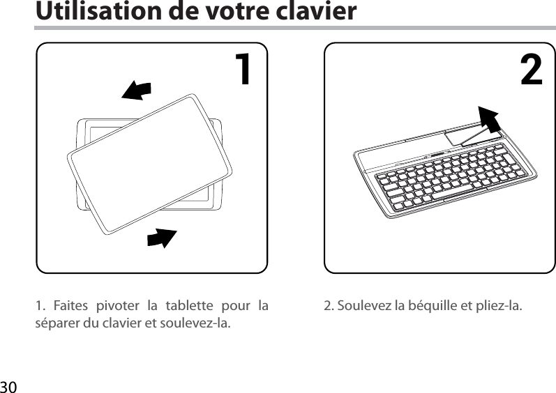 301 2Utilisation de votre clavier1. Faites pivoter la tablette pour la séparer du clavier et soulevez-la.2. Soulevez la béquille et pliez-la.