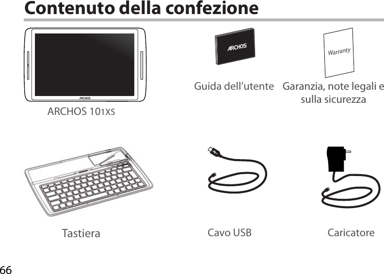 66WarrantyContenuto della confezioneCavo USB CaricatoreGuida dell’utente Garanzia, note legali e sulla sicurezzaARCHOS 101XSTastiera