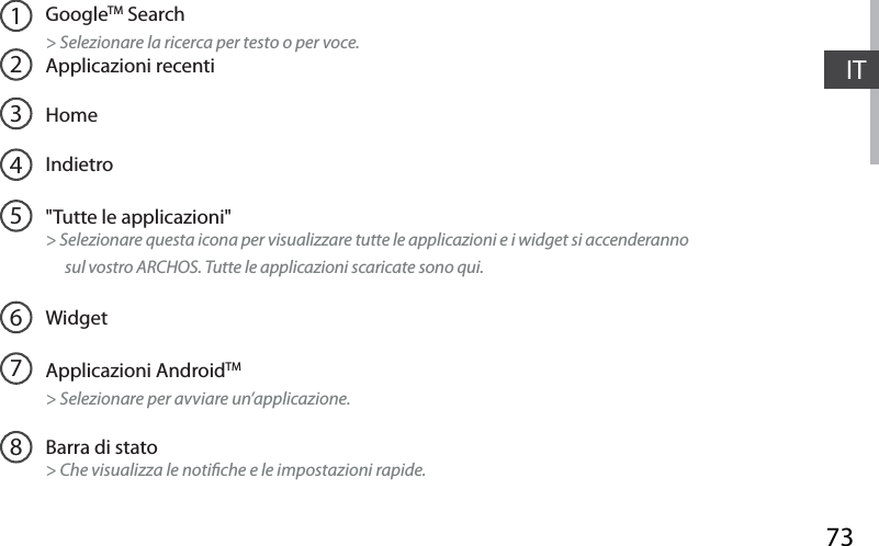 73ITGoogleTM Search&gt; Selezionare la ricerca per testo o per voce.Applicazioni recentiHomeIndietro&quot;Tutte le applicazioni&quot; &gt; Selezionare questa icona per visualizzare tutte le applicazioni e i widget si accenderanno      sul vostro ARCHOS. Tutte le applicazioni scaricate sono qui. WidgetApplicazioni AndroidTM&gt; Selezionare per avviare un’applicazione.Barra di stato  &gt; Che visualizza le notiche e le impostazioni rapide.12345678