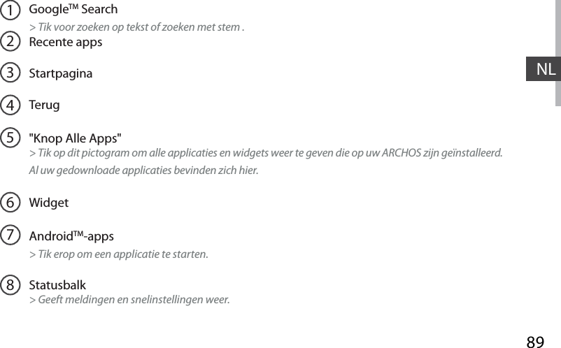 89NLGoogleTM Search&gt; Tik voor zoeken op tekst of zoeken met stem .Recente appsStartpaginaTerug&quot;Knop Alle Apps&quot; &gt; Tik op dit pictogram om alle applicaties en widgets weer te geven die op uw ARCHOS zijn geïnstalleerd. Al uw gedownloade applicaties bevinden zich hier. WidgetAndroidTM-apps&gt; Tik erop om een applicatie te starten.Statusbalk   &gt; Geeft meldingen en snelinstellingen weer.12345678