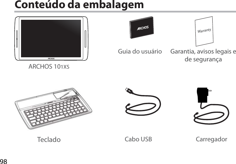 98WarrantyConteúdo da embalagemCabo USB CarregadorGuia do usuário Garantia, avisos legais e de segurançaARCHOS 101XSTeclado