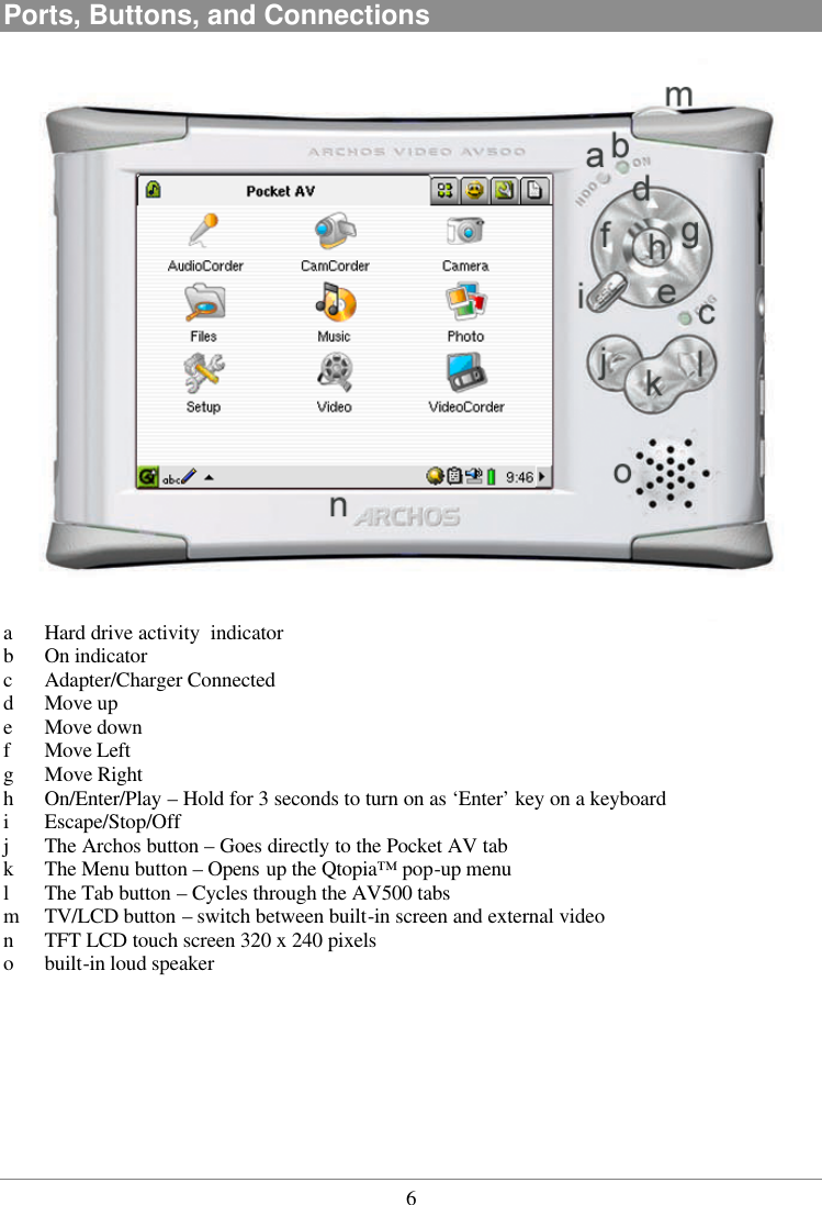  6Ports, Buttons, and Connections   a   Hard drive activity  indicator b   On indicator c  Adapter/Charger Connected  d  Move up  e  Move down  f  Move Left g  Move Right h  On/Enter/Play – Hold for 3 seconds to turn on as ‘Enter’ key on a keyboard i  Escape/Stop/Off   j  The Archos button – Goes directly to the Pocket AV tab  k  The Menu button – Opens up the Qtopia™ pop-up menu l  The Tab button – Cycles through the AV500 tabs m  TV/LCD button – switch between built-in screen and external video n  TFT LCD touch screen 320 x 240 pixels o  built-in loud speaker  