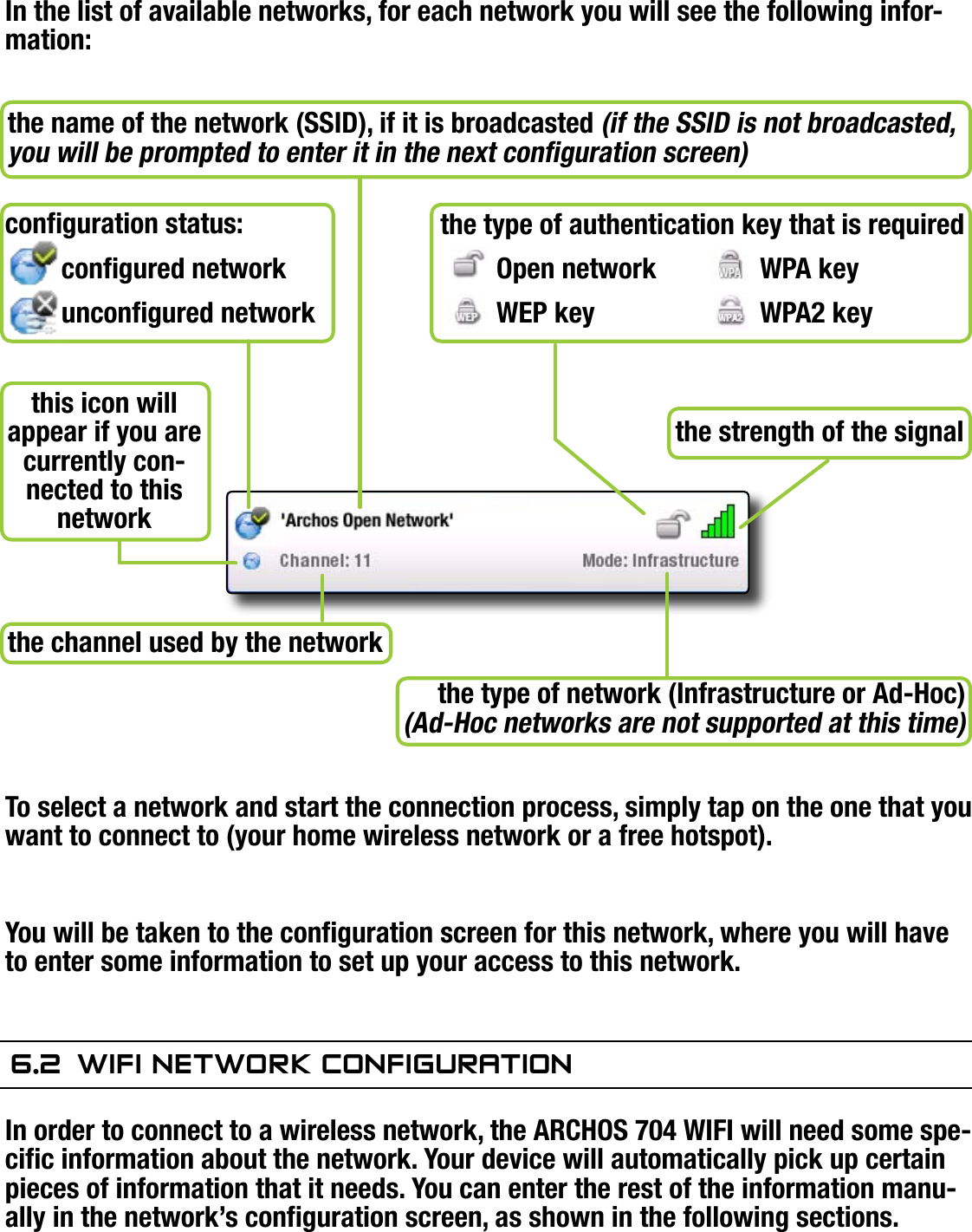 704MANUAL V0.0CONNECTING TO A WIFI NETWORK   &gt;   p. 38In the list of available networks, for each network you will see the following infor-mation:the strength of the signalthe name of the network (SSID), if it is broadcasted (if the SSID is not broadcasted, you will be prompted to enter it in the next conguration screen)the channel used by the networkthe type of network (Infrastructure or Ad-Hoc) (Ad-Hoc networks are not supported at this time)the type of authentication key that is requiredOpen network    WPA keyWEP key      WPA2 keythis icon will appear if you are currently con-nected to this networkconguration status:congured networkuncongured networkTo select a network and start the connection process, simply tap on the one that you want to connect to (your home wireless network or a free hotspot). You will be taken to the conguration screen for this network, where you will have to enter some information to set up your access to this network.6.2  wifi neTwOrk COnfiguraTiOnIn order to connect to a wireless network, the ARCHOS 704 WIFI will need some spe-cic information about the network. Your device will automatically pick up certain pieces of information that it needs. You can enter the rest of the information manu-ally in the network’s conguration screen, as shown in the following sections.Note that your device will remember the network connection information that you enter, in order to re-use it and connect automatically to the network when it is in range.