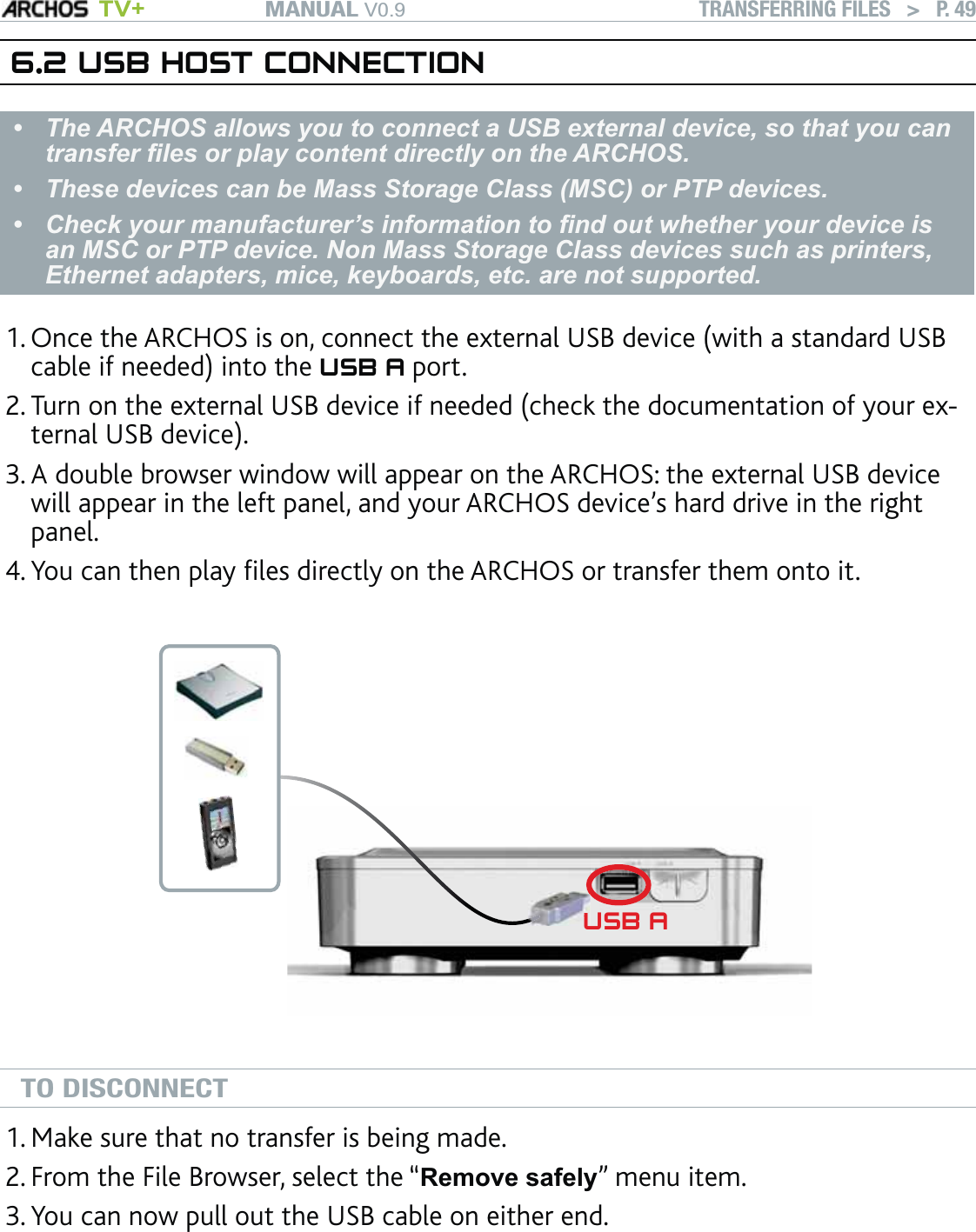 MANUAL V0.9 TV+ TRANSFERRING FILES   &gt;   P. 496.2 USB HOST CONNECTIONThe ARCHOS allows you to connect a USB external device, so that you can transfer ﬁles or play content directly on the ARCHOS. These devices can be Mass Storage Class (MSC) or PTP devices. Check your manufacturer’s information to ﬁnd out whether your device is an MSC or PTP device. Non Mass Storage Class devices such as printers, Ethernet adapters, mice, keyboards, etc. are not supported. •••Once the ARCHOS is on, connect the external USB device (with a standard USB cable if needed) into the USB A port.Turn on the external USB device if needed (check the documentation of your ex-ternal USB device).A double browser window will appear on the ARCHOS: the external USB device will appear in the left panel, and your ARCHOS device’s hard drive in the right panel.You can then play ﬁles directly on the ARCHOS or transfer them onto it.USB AUUTO DISCONNECTMake sure that no transfer is being made.From the File Browser, select the “Remove safely” menu item.You can now pull out the USB cable on either end.Note: you may not always be able to copy ﬁles to your external USB device from your ARCHOS. 1.2.3.4.1.2.3.