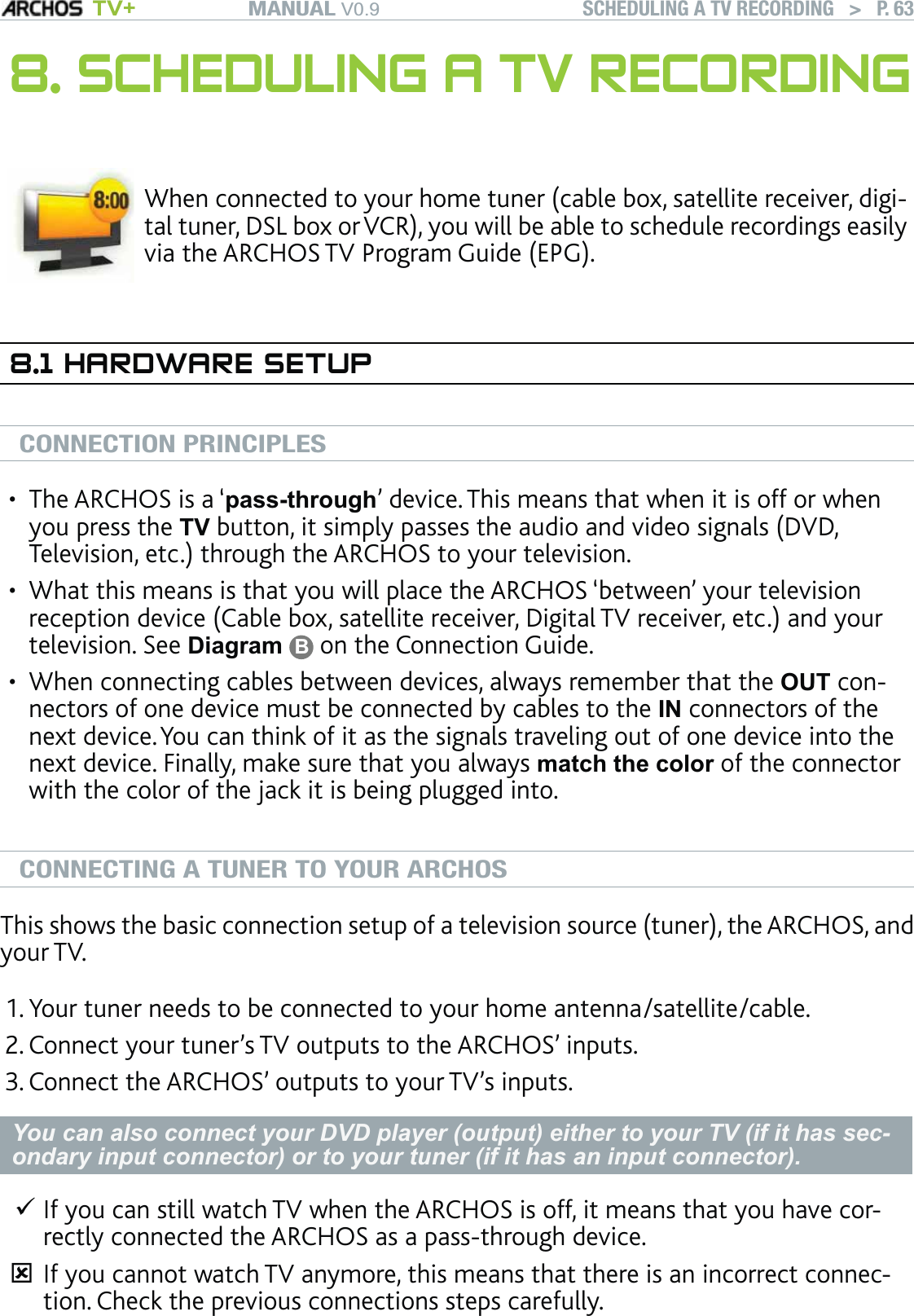 MANUAL V0.9 TV+ SCHEDULING A TV RECORDING   &gt;   P. 638. SCHEDULING A TV RECORDINGWhen connected to your home tuner (cable box, satellite receiver, digi-tal tuner, DSL box or VCR), you will be able to schedule recordings easily via the ARCHOS TV Program Guide (EPG). 8.1 HARDWARE SETUPCONNECTION PRINCIPLESThe ARCHOS is a ‘pass-through’ device. This means that when it is off or when you press the TV button, it simply passes the audio and video signals (DVD, Television, etc.) through the ARCHOS to your television. What this means is that you will place the ARCHOS ‘between’ your television reception device (Cable box, satellite receiver, Digital TV receiver, etc.) and your television. See Diagram  B on the Connection Guide.When connecting cables between devices, always remember that the OUT con-nectors of one device must be connected by cables to the IN connectors of the next device. You can think of it as the signals traveling out of one device into the next device. Finally, make sure that you always match the color of the connector with the color of the jack it is being plugged into.CONNECTING A TUNER TO YOUR ARCHOSThis shows the basic connection setup of a television source (tuner), the ARCHOS, and your TV. Your tuner needs to be connected to your home antenna/satellite/cable.Connect your tuner’s TV outputs to the ARCHOS’ inputs.Connect the ARCHOS’ outputs to your TV’s inputs.You can also connect your DVD player (output) either to your TV (if it has sec-ondary input connector) or to your tuner (if it has an input connector).If you can still watch TV when the ARCHOS is off, it means that you have cor-rectly connected the ARCHOS as a pass-through device. If you cannot watch TV anymore, this means that there is an incorrect connec-tion. Check the previous connections steps carefully.•••1.2.3.