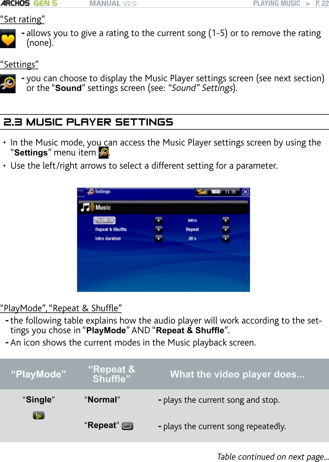 MANUAL V2.0 GEN 5 PLAYING MUSIC   &gt;   P. 22“Set rating”allows you to give a rating to the current song (1-5) or to remove the rating (none).-“Settings”you can choose to display the Music Player settings screen (see next section) or the “Sound” settings screen (see: “Sound” Settings).-2.3 MUSIC PLAYER SETTINGSIn the Music mode, you can access the Music Player settings screen by using the “Settings” menu item  . Use the left/right arrows to select a different setting for a parameter.“PlayMode”, “Repeat &amp; Shufe”the following table explains how the audio player will work according to the set-tings you chose in “PlayMode” AND “Repeat &amp; Shufe”. An icon shows the current modes in the Music playback screen.“PlayMode”  “Repeat &amp; Shufe” What the video player does...“Single”“Normal”  plays the current song and stop.-“Repeat” plays the current song repeatedly.-Table continued on next page...••--