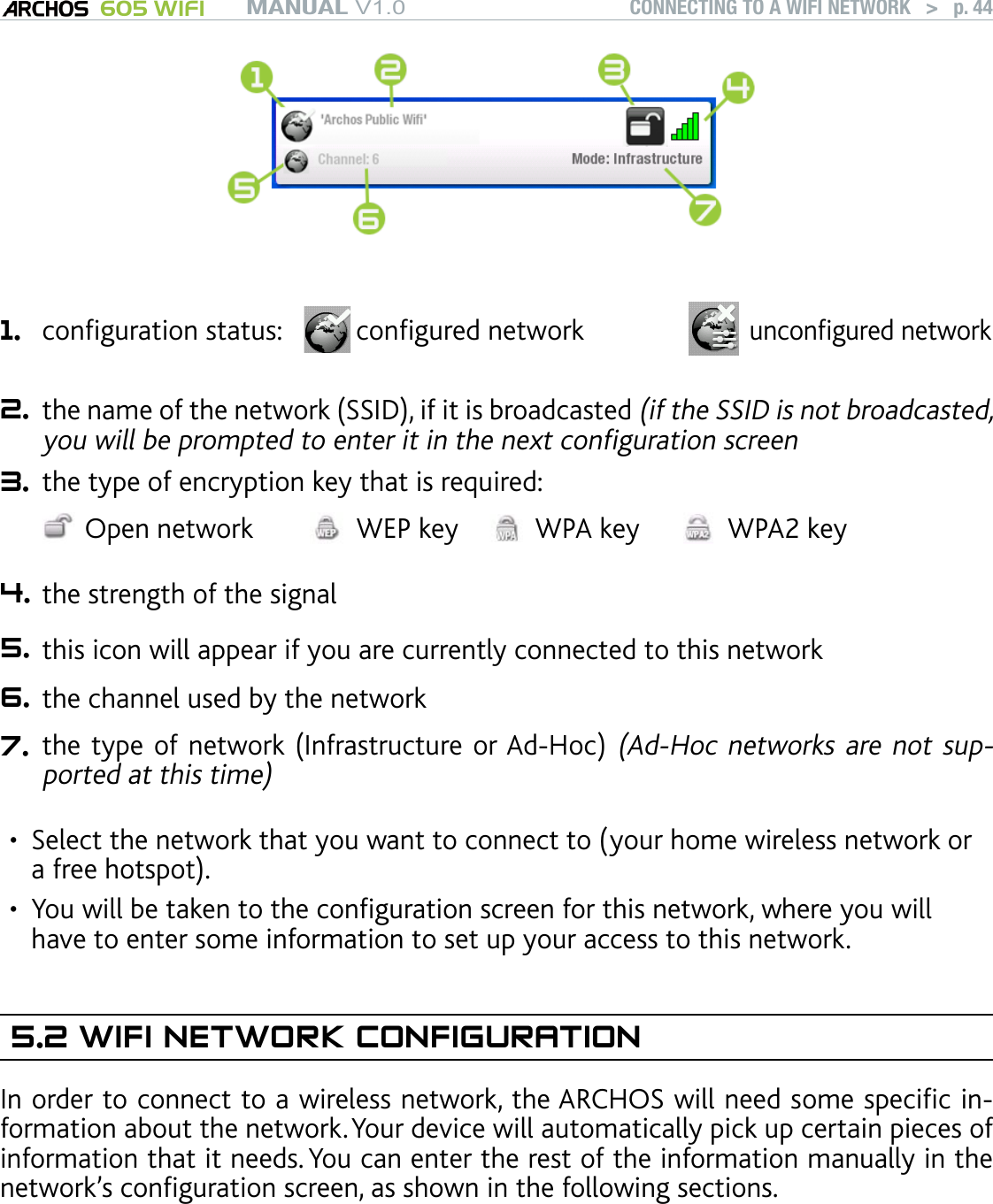 MANUAL V1.0 605 WIFI CONNECTING TO A WIFI NETWORK   &gt;   p. 441. conguration status: congured networkuncongured network2. the name of the network (SSID), if it is broadcasted (if the SSID is not broadcasted, you will be prompted to enter it in the next conguration screen3. the type of encryption key that is required:Open network WEP key WPA key WPA2 key4. the strength of the signal5. this icon will appear if you are currently connected to this network6. the channel used by the network7. the type of network (Infrastructure or Ad-Hoc) (Ad-Hoc networks are not sup-ported at this time)Select the network that you want to connect to (your home wireless network or a free hotspot).You will be taken to the conguration screen for this network, where you will have to enter some information to set up your access to this network.5.2 WIFI NETWORK CONFIGURATIONIn order to connect to a wireless network, the ARCHOS will need some specic in-formation about the network. Your device will automatically pick up certain pieces of information that it needs. You can enter the rest of the information manually in the network’s conguration screen, as shown in the following sections.Note that your device will remember the network connection information that you en-ter, in order to re-use it and connect automatically to the network when it is in range.••