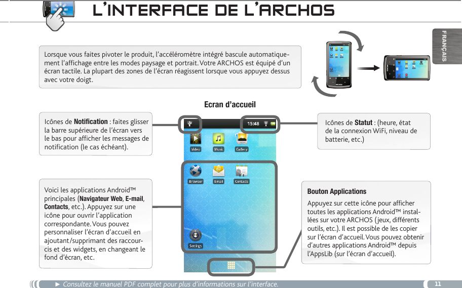 11▼FrançaisL’inteRfaCe de L’aRChOS► Consultez le manuel PDF complet pour plus d’informations sur l’interface. Lorsque vous faites pivoter le produit, l’accéléromètre intégré bascule automatique-ment l’affichage entre les modes paysage et portrait. Votre ARCHOS est équipé d’un écran tactile. La plupart des zones de l’écran réagissent lorsque vous appuyez dessus avec votre doigt.Voici les applications Android™ principales (Navigateur Web, E-mail, Contacts, etc.). Appuyez sur une icône pour ouvrir l’application correspondante. Vous pouvez personnaliser l’écran d’accueil en ajoutant/supprimant des raccour-cis et des widgets, en changeant le fond d’écran, etc.Icônes de Notification : faites glisser la barre supérieure de l’écran vers le bas pour afficher les messages de notification (le cas échéant).Icônes de Statut : (heure, état de la connexion WiFi, niveau de batterie, etc.)Bouton ApplicationsAppuyez sur cette icône pour afficher toutes les applications Android™ instal-lées sur votre ARCHOS (jeux, différents outils, etc.). Il est possible de les copier sur l’écran d’accueil. Vous pouvez obtenir d’autres applications Android™ depuis l’AppsLib (sur l’écran d’accueil). Ecran d’accueil