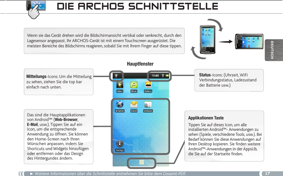 17▼DEUTsChdie aRChOS SChnittSteLLe► Weitere Informationen über die Schnittstelle entnehmen Sie bitte dem Gesamt-PDF.Wenn sie das Gerät drehen wird die Bildschirmansicht vertikal oder senkrecht, durch den Lagesensor angepasst. Ihr ARCHOS-Gerät ist mit einem Touchscreen ausgerüstet. Die meisten Bereiche des Bildschirms reagieren, sobald Sie mit Ihrem Finger auf diese tippen. Das sind die Hauptapplikationen von Android™ (Web-Browser, E-Mail, usw.). Tippen Sie auf ein Icon, um die entsprechende Anwendung zu öffnen. Sie können den Home-Screen nach Ihren Wünschen anpassen, indem Sie Shortcuts und Widgets hinzufügen oder entfernen oder das Design des Hintergundes ändern.Mitteilungs-Icons: Um die Mitteilung zu sehen, ziehen Sie die top bar einfach nach unten.Status-Icons: (Uhrzeit, WiFi Verbindungsstatus, Ladezustand der Batterie usw.)Applikationen TasteTippen Sie auf dieses Icon, um alle installierten Android™- Anwendungen zu sehen (Spiele, verschiedene Tools, usw.). Bei Bedarf können Sie diese Anwendungen auf Ihren Desktop kopieren. Sie finden weitere Android™-Anwendungen in der AppsLib, die Sie auf der Startseite finden.   Hauptfenster