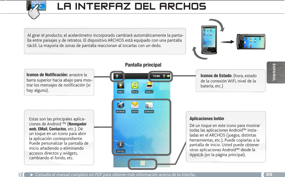 23▼EsPaÑOlLa inteRfaz deL aRChOS► Consulte el manual completo en PDF para obtener más información acerca de la interfaz.Pantalla principalAl girar el producto, el acelerómetro incorporado cambiará automáticamente la panta-lla entre paisajes y de retratos. El dispositivo ARCHOS está equipado con una pantalla táctil. La mayoría de zonas de pantalla reaccionan al tocarlas con un dedo.Estas son las principales aplica-ciones de Android ™ (Navegador web, EMail, Contactos, etc.). Dé un toque en un icono para abrir la aplicación correspondiente. Puede personalizar la pantalla de inicio añadiendo o eliminando accesos directos y widgets, cambiando el fondo, etc.Iconos de Notificación: arrastre la barra superior hacia abajo para mos-trar los mensajes de notificación (si hay alguno).Iconos de Estado: (hora, estado de la conexión WiFi, nivel de la batería, etc.)Aplicaciones botónDé un toque en este icono para mostrar todas las aplicaciones Android™ insta-ladas en el ARCHOS (juegos, distintas herramientas, etc.). Puede copiarlas a la pantalla de inicio. Usted puede obtener otras aplicaciones Android™ desde la AppsLib (en la página principal).   