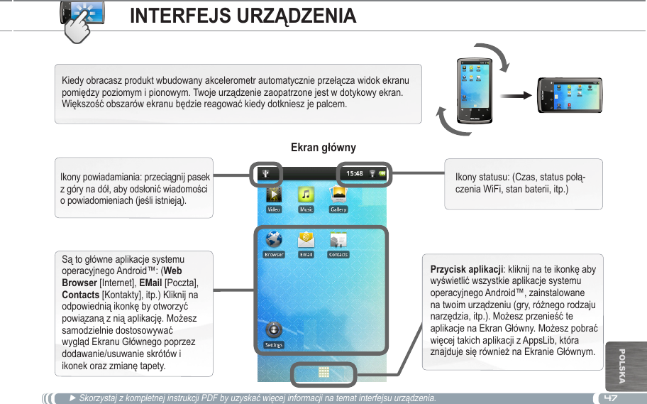 47▼POlska► Skorzystaj z kompletnej instrukcji PDF by uzyskać więcej informacji na temat interfejsu urządzenia.Kiedy obracasz produkt wbudowany akcelerometr automatycznie przełącza widok ekranu pomiędzy poziomym i pionowym. Twoje urządzenie zaopatrzone jest w dotykowy ekran. Większość obszarów ekranu będzie reagować kiedy dotkniesz je palcem.Są to główne aplikacje systemu operacyjnego Android™: (Web  [Internet],  [Poczta], Contacts [Kontakty], itp.) Kliknij na odpowiednią ikonkę by otworzyć powiązaną z nią aplikację. Możesz samodzielnie dostosowywać wygląd Ekranu Głównego poprzez dodawanie/usuwanie skrótów i ikonek oraz zmianę tapety.Ikony powiadamiania: przeciągnij pasek z góry na dół, aby odsłonić wiadomości o powiadomieniach (jeśli istnieją).Ikony statusu: (Czas, status połą-czenia WiFi, stan baterii, itp.): kliknij na te ikonkę aby wyświetlić wszystkie aplikacje systemu operacyjnego Android™, zainstalowane na twoim urządzeniu (gry, różnego rodzaju narzędzia, itp.). Możesz przenieść te aplikacje na Ekran Główny. Możesz pobrać więcej takich aplikacji z AppsLib, która znajduje się również na Ekranie Głównym.