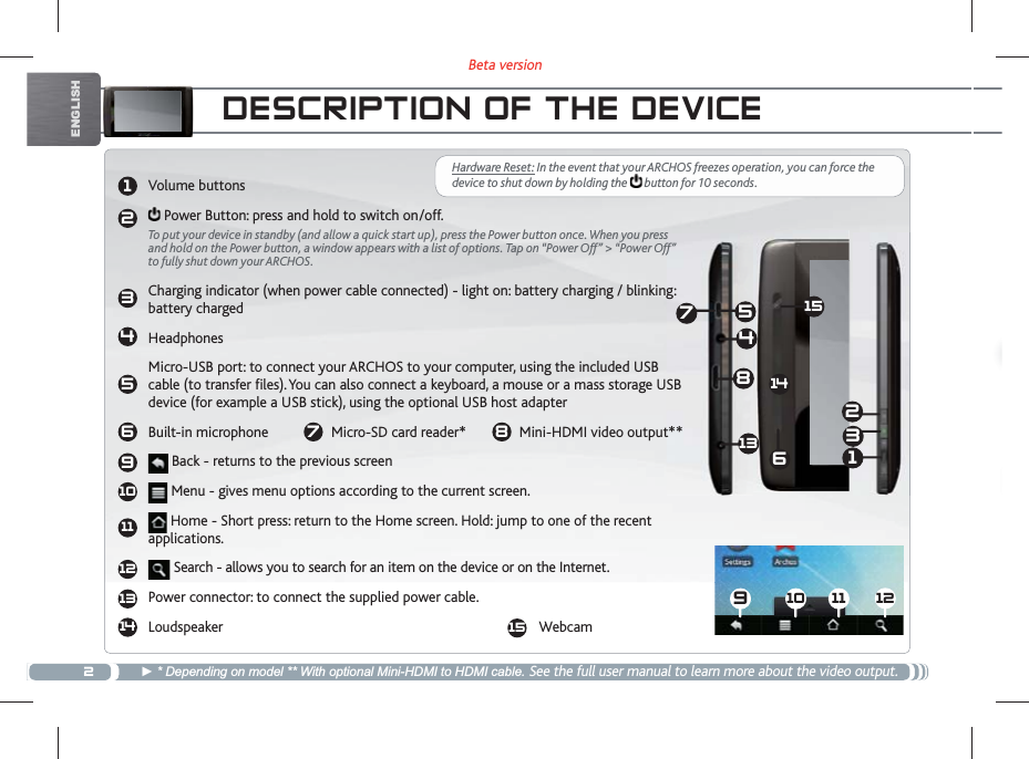 2Beta version123456910111213 910 11 1214 15132456787 8 131415ENGLISHDESCRIPTION OF THE DEVICEVolume buttons Power Button: press and hold to switch on/off.To put your device in standby (and allow a quick start up), press the Power button once. When you press and hold on the Power button, a window appears with a list of options. Tap on “Power Off” &gt; “Power Off” to fully shut down your ARCHOS.  Charging indicator (when power cable connected) - light on: battery charging / blinking: battery chargedHeadphonesMicro-USB port: to connect your ARCHOS to your computer, using the included USB cable (to transfer files). You can also connect a keyboard, a mouse or a mass storage USB device (for example a USB stick), using the optional USB host adapterBuilt-in microphone         Micro-SD card reader*              Mini-HDMI video output** Back - returns to the previous screen Menu - gives menu options according to the current screen. Home - Short press: return to the Home screen. Hold: jump to one of the recent applications. Search - allows you to search for an item on the device or on the Internet.Power connector: to connect the supplied power cable.               Loudspeaker         Webcam            * Depending on model ** With optional Mini-HDMI to HDMI cable. See the full user manual to learn more about the video output.Hardware Reset: In the event that your ARCHOS freezes operation, you can force the device to shut down by holding the   button for 10 seconds.