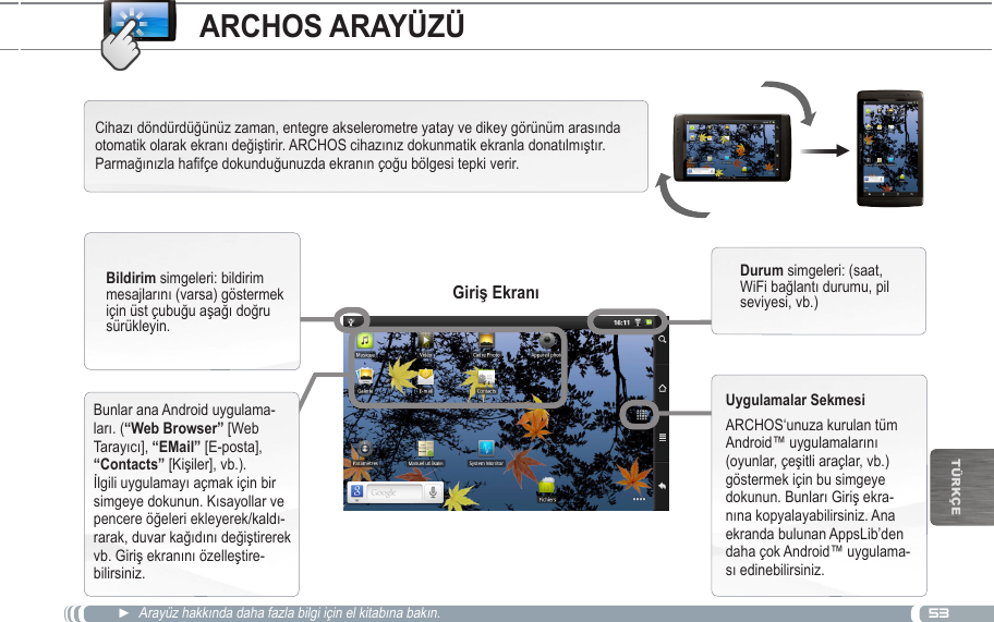 53▼TürkçEARCHOS ARAYÜZÜ►  Arayüz hakkında daha fazla bilgi için el kitabına bakın.Cihazı döndürdüğünüz zaman, entegre akselerometre yatay ve dikey görünüm arasında otomatik olarak ekranı değiştirir. ARCHOS cihazınız dokunmatik ekranla donatılmıştır. Parmağınızla hafifçe dokunduğunuzda ekranın çoğu bölgesi tepki verir.Bunlar ana Android uygulama-ları. ([Web Tarayıcı], [E-posta], “Contacts” [Kişiler], vb.). İlgili uygulamayı açmak için bir simgeye dokunun. Kısayollar ve pencere öğeleri ekleyerek/kaldı-rarak, duvar kağıdını değiştirerek vb. Giriş ekranını özelleştire-bilirsiniz. simgeleri: bildirim mesajlarını (varsa) göstermek için üst çubuğu aşağı doğru sürükleyin. simgeleri: (saat, WiFi bağlantı durumu, pil seviyesi, vb.)ARCHOS‘unuza kurulan tüm Android™ uygulamalarını (oyunlar, çeşitli araçlar, vb.) göstermek için bu simgeye dokunun. Bunları Giriş ekra-nına kopyalayabilirsiniz. Ana ekranda bulunan AppsLib’den daha çok Android™ uygulama-sı edinebilirsiniz.