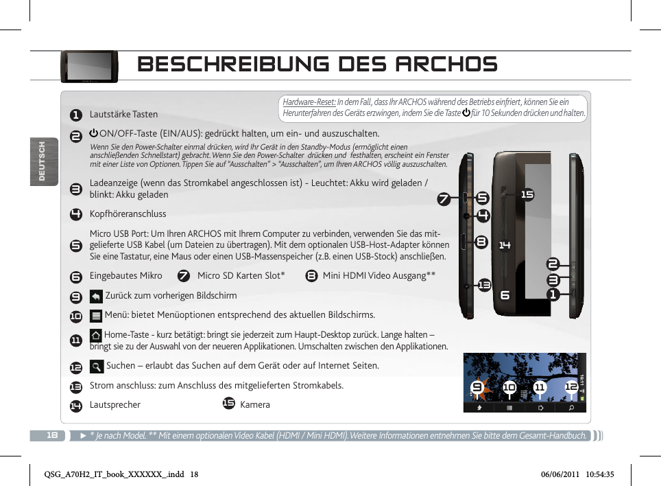 1812345691011121314910 11 1213245678131415DEUTSCHBESCHREIBUNG DES ARCHOS► * Je nach Model. ** Mit einem optionalen Video Kabel (HDMI / Mini HDMI). Weitere Informationen entnehmen Sie bitte dem Gesamt-Handbuch.Hardware-Reset: In dem Fall, dass Ihr ARCHOS während des Betriebs einfriert, können Sie ein Herunterfahren des Geräts erzwingen, indem Sie die Taste   für 10 Sekunden drücken und halten.Lautstärke Tasten ON/OFF-Taste (EIN/AUS): gedrückt halten, um ein- und auszuschalten.Wenn Sie den Power-Schalter einmal drücken, wird Ihr Gerät in den Standby-Modus (ermöglicht einen anschließenden Schnellstart) gebracht. Wenn Sie den Power-Schalter  drücken und  festhalten, erscheint ein Fenster mit einer Liste von Optionen. Tippen Sie auf “Ausschalten” &gt; “Ausschalten”, um Ihren ARCHOS völlig auszuschalten.Ladeanzeige (wenn das Stromkabel angeschlossen ist) - Leuchtet: Akku wird geladen / blinkt: Akku geladenKopfhöreranschlussMicro USB Port: Um Ihren ARCHOS mit Ihrem Computer zu verbinden, verwenden Sie das mit-gelieferte USB Kabel (um Dateien zu übertragen). Mit dem optionalen USB-Host-Adapter können Sie eine Tastatur, eine Maus oder einen USB-Massenspeicher (z.B. einen USB-Stock) anschließen.Eingebautes Mikro       7   Micro SD Karten Slot*         8  Mini HDMI Video Ausgang** Zurück zum vorherigen Bildschirm Menü: bietet Menüoptionen entsprechend des aktuellen Bildschirms. Home-Taste - kurz betätigt: bringt sie jederzeit zum Haupt-Desktop zurück. Lange halten – bringt sie zu der Auswahl von der neueren Applikationen. Umschalten zwischen den Applikationen. Suchen – erlaubt das Suchen auf dem Gerät oder auf Internet Seiten.Strom anschluss: zum Anschluss des mitgelieferten Stromkabels.Lautsprecher               15  Kamera             QSG_A70H2_IT_book_XXXXXX_.indd   18 06/06/2011   10:54:35