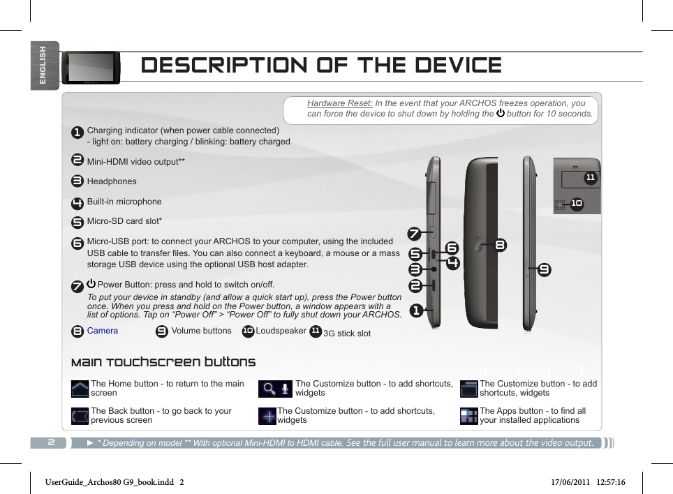 22134568791110ENGLISHDESCRIPTION OF THE DEVICECharging indicator (when power cable connected)  - light on: battery charging / blinking: battery chargedMini-HDMI video output**Headphones   Built-in microphoneMicro-SD card slot*Micro-USB port: to connect your ARCHOS to your computer, using the included  USB cable to transfer files. You can also connect a keyboard, a mouse or a mass  storage USB device using the optional USB host adapter. Power Button: press and hold to switch on/off.To put your device in standby (and allow a quick start up), press the Power button  once. When you press and hold on the Power button, a window appears with a  list of options. Tap on “Power Off” &gt; “Power Off” to fully shut down your ARCHOS.Camera                      Volume buttons          Loudspeaker       3G stick slot► * Depending on model ** With optional Mini-HDMI to HDMI cable. See the full user manual to learn more about the video output.Hardware Reset: In the event that your ARCHOS freezes operation, you can force the device to shut down by holding the   button for 10 seconds.12345697810 11TheAppsbutton-tondallyour installed applicationsThe Customize button - to add shortcuts, widgetsThe Customize button - to add shortcuts, widgetsThe Customize button - to add shortcuts, widgetsThe Home button - to return to the main screenThe Back button - to go back to your previous screenMain Touchscreen buttonsUserGuide_Archos80 G9_book.indd   2 17/06/2011   12:57:16