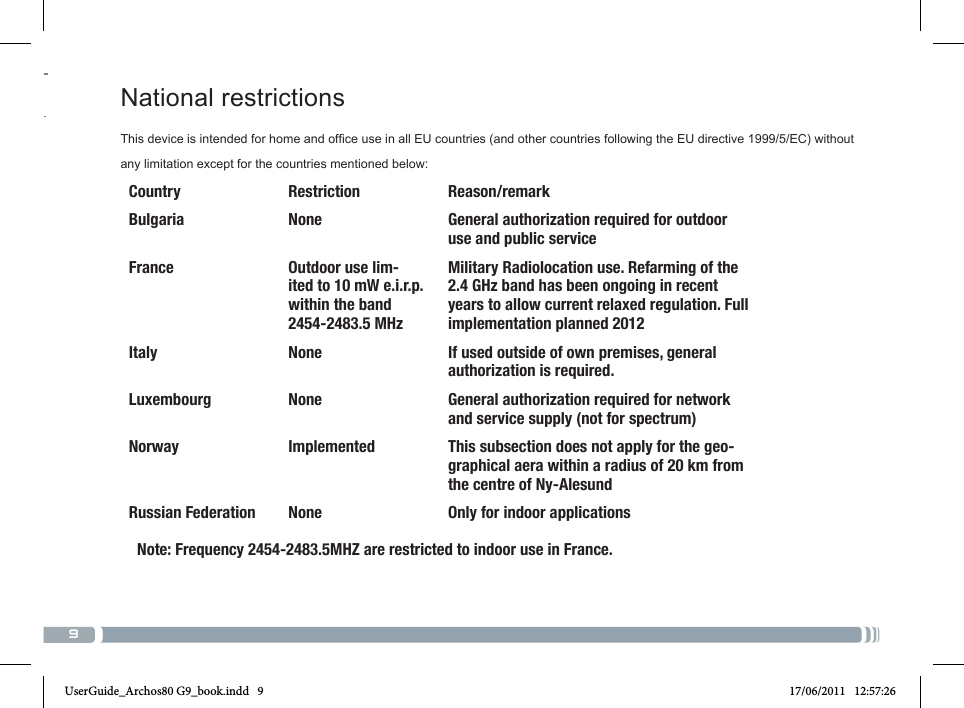 9National restrictionsThisdeviceisintendedforhomeandofceuseinallEUcountries(andothercountriesfollowingtheEUdirective1999/5/EC)withoutany limitation except for the countries mentioned below:Country Restriction  Reason/remarkBulgaria None General authorization required for outdoor use and public serviceFrance Outdoor use lim-ited to 10 mW e.i.r.p. within the band 2454-2483.5 MHzMilitary Radiolocation use. Refarming of the 2.4 GHz band has been ongoing in recent years to allow current relaxed regulation. Full implementation planned 2012Italy None If used outside of own premises, general authorization is required.Luxembourg None General authorization required for network and service supply (not for spectrum)Norway Implemented This subsection does not apply for the geo-graphical aera within a radius of 20 km from the centre of Ny-AlesundRussian Federation None Only for indoor applicationsNote: Frequency 2454-2483.5MHZ are restricted to indoor use in France.UserGuide_Archos80 G9_book.indd   9 17/06/2011   12:57:26