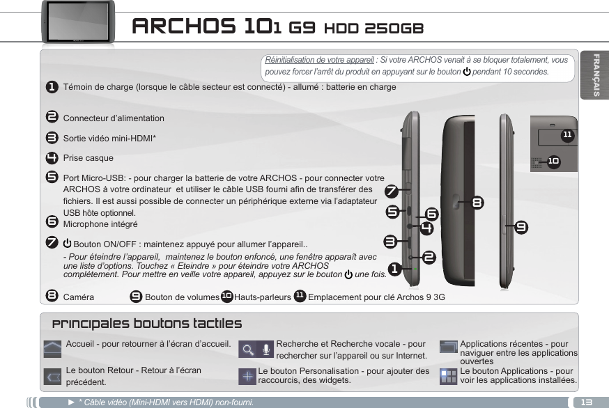 132134568791110FRANÇAISRéinitialisation de votre appareil : Si votre ARCHOS venait à se bloquer totalement, vous pouvez forcer l’arrêt du produit en appuyant sur le bouton   pendant 10 secondes.Témoin de charge (lorsque le câble secteur est connecté) - allumé : batterie en charge  Connecteur d’alimentationSortie vidéo mini-HDMI*Prise casquePort Micro-USB: - pour charger la batterie de votre ARCHOS - pour connecter votre ARCHOS à votre ordinateur  et utiliser le câble USB fourni afin de transférer des  fichiers. Il est aussi possible de connecter un périphérique externe via l’adaptateur USB hôte optionnel. Microphone intégré Bouton ON/OFF : maintenez appuyé pour allumer l’appareil..- Pour éteindre l’appareil,  maintenez le bouton enfoncé, une fenêtre apparaît avec  une liste d’options. Touchez « Eteindre » pour éteindre votre ARCHOS  complètement. Pour mettre en veille votre appareil, appuyez sur le bouton   une fois.  Caméra                     Bouton de volumes      Hauts-parleurs       Emplacement pour clé Archos 9 3G► * Câble vidéo (Mini-HDMI vers HDMI) non-fourni. Le bouton Applications - pour voir les applications installées.Le bouton Personalisation - pour ajouter des raccourcis, des widgets.Recherche et Recherche vocale - pour  rechercher sur l’appareil ou sur Internet.Applications récentes - pour naviguer entre les applications ouvertesAccueil - pour retourner à l’écran d’accueil.Le bouton Retour - Retour à l’écran précédent.Principales boutons tactiles  ARCHOS 101 G9 HDD 250GB12345697810 11