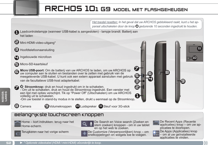 522134568791110NEDER-LANDS  ARCHOS 101 G9 MODEL MET FLASHGEHEUGENLaadcontrolelampje (wanneer USB-kabel is aangesloten) - lampje brandt: Batterij aan het laden Mini-HDMI-video-uitgang*HoofdtelefoonaansluitingIngebouwde microfoonMicro-SD-kaartsleuf Micro USB-poort: Om de batterij van uw ARCHOS te laden, om uw ARCHOS op  uw computer aan te sluiten en bestanden over te zetten met gebruik van de  meegeleverde USB-kabel. U kunt ook een extern apparaat aansluiten met gebruik  van de facultatieve USB-host adapterkabel.  Stroomknop: druk en houd ingedrukt om in te schakelen. - Om uit te schakelen, druk en houd de Stroomknop ingedrukt. Een venster met  een lijst met opties verschijnt. Tik op “Power Off” (Uitschakelen) om uw ARCHOS  volledig uit te schakelen. -Om uw toestel in stand-by modus in te stellen, drukt u eenmaal op de Stroomknop.     Camera                     Volumeknoppen          Luidspreker        Sleuf voor 3G-stick► * Optionele videokabel (HDMI / mini-HDMI) afzonderlijk te koop.  12345697810 11De Apps (Applicaties) knop – om al uw geïnstalleerde applicaties te vinden.De Customize (Verpersoonlijken) knop – om snelkoppelingen en widgets toe te voegen.De Search en Voice search (Zoeken en stem zoeken) knoppen - om in uw tablet en op het web te zoeken.De Recent Apps (Recente applicaties) knop – om uw ap-plicaties te doorlopen.Home – kort indrukken: terug naar het Home-scherm. Terugkeren naar het vorige schermBelangrijkste touchscreen knoppenHet toestel resetten: In het geval dat uw ARCHOS geblokkeerd raakt, kunt u het ap-paraat uitschakelen door de knop   gedurende 10 seconden ingedrukt te houden. 