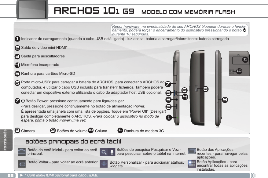 822134568791110PORTUGUÊS  ARCHOS 101 G9  MODELO COM MEMÓRIA FLASHIndicador de carregamento (quando o cabo USB está ligado) - luz acesa: bateria a carregar/intermitente: bateria carregada Saída de vídeo mini-HDMI*Saída para auscultadoresMicrofone incorporadoRanhura para cartões Micro-SDPorta micro-USB: para carregar a bateria do ARCHOS, para conectar o ARCHOS ao  computador, e utilizar o cabo USB incluído para transferir ficheiros. Também poderá  conectar um dispositivo externo utilizando o cabo do adaptador host USB opcional. Botão Power: pressione continuamente para ligar/desligar                                                                                                                                         -Para desligar, pressione continuamente no botão de alimentação Power.  É apresentada uma janela com uma lista de opções. Toque em “Power Off” (Desligar)  para desligar completamente o ARCHOS. -Para colocar o dispositivo no modo de  espera, prima o botão Power uma vez Câmara                     Botões de volume       Coluna                Ranhura do modem 3G► * Com Mini-HDMI opcional para cabo HDMI.Repor hardware: na eventualidade do seu ARCHOS bloquear durante o funcio-namento, poderá forçar o encerramento do dispositivo pressionando o botão durante 10 segundos.12345697810 11Botão Aplicações - para encontrar todas as aplicações instaladas.Botão Personalizar - para adicionar atalhos, widgets.Botões de pesquisa Pesquisar e Voz - para pesquisar sobre o tablet na Internet. Botão das Aplicações recentes - para navegar pelas aplicações.Botão do ecrã inicial - para voltar ao ecrã principal.Botão Voltar - para voltar ao ecrã anterior.Botões principais do ecrã táctil