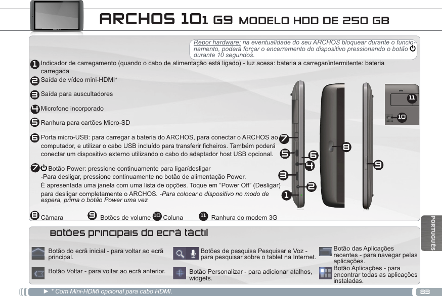 832134568791110PORTUGUÊSARCHOS 101 G9 MODELO HDD DE 250 GBBotões principais do ecrã táctil12345697810 11Indicador de carregamento (quando o cabo de alimentação está ligado) - luz acesa: bateria a carregar/intermitente: bateria carregada Saída de vídeo mini-HDMI*Saída para auscultadoresMicrofone incorporadoRanhura para cartões Micro-SDPorta micro-USB: para carregar a bateria do ARCHOS, para conectar o ARCHOS ao  computador, e utilizar o cabo USB incluído para transferir ficheiros. Também poderá  conectar um dispositivo externo utilizando o cabo do adaptador host USB opcional. Botão Power: pressione continuamente para ligar/desligar                                                                                                                                         -Para desligar, pressione continuamente no botão de alimentação Power.  É apresentada uma janela com uma lista de opções. Toque em “Power Off” (Desligar)  para desligar completamente o ARCHOS. -Para colocar o dispositivo no modo de  espera, prima o botão Power uma vez Câmara                     Botões de volume       Coluna                Ranhura do modem 3G► * Com Mini-HDMI opcional para cabo HDMI.Repor hardware: na eventualidade do seu ARCHOS bloquear durante o funcio-namento, poderá forçar o encerramento do dispositivo pressionando o botão   durante 10 segundos.Botão Aplicações - para encontrar todas as aplicações instaladas.Botão Personalizar - para adicionar atalhos, widgets.Botões de pesquisa Pesquisar e Voz - para pesquisar sobre o tablet na Internet.Botão das Aplicações recentes - para navegar pelas aplicações.Botão do ecrã inicial - para voltar ao ecrã principal.Botão Voltar - para voltar ao ecrã anterior.