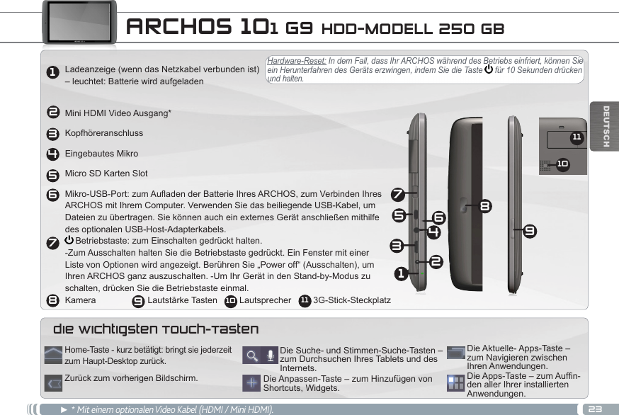 232134568791110DEUTSCHdie wichtigsten Touch-Tasten ARCHOS 101 G9 HDD-MODELL 250 GB12345697810 11Hardware-Reset: In dem Fall, dass Ihr ARCHOS während des Betriebs einfriert, können Sie ein Herunterfahren des Geräts erzwingen, indem Sie die Taste   für 10 Sekunden drücken und halten.Ladeanzeige (wenn das Netzkabel verbunden ist)  – leuchtet: Batterie wird aufgeladen Mini HDMI Video Ausgang*KopfhöreranschlussEingebautes MikroMicro SD Karten SlotMikro-USB-Port: zum Aufladen der Batterie Ihres ARCHOS, zum Verbinden Ihres  ARCHOS mit Ihrem Computer. Verwenden Sie das beiliegende USB-Kabel, um  Dateien zu übertragen. Sie können auch ein externes Gerät anschließen mithilfe  des optionalen USB-Host-Adapterkabels.  Betriebstaste: zum Einschalten gedrückt halten. -Zum Ausschalten halten Sie die Betriebstaste gedrückt. Ein Fenster mit einer  Liste von Optionen wird angezeigt. Berühren Sie „Power off“ (Ausschalten), um  Ihren ARCHOS ganz auszuschalten. -Um Ihr Gerät in den Stand-by-Modus zu  schalten, drücken Sie die Betriebstaste einmal. Kamera                     Lautstärke Tasten         Lautsprecher         3G-Stick-Steckplatz► * Mit einem optionalen Video Kabel (HDMI / Mini HDMI).DieApps-Taste–zumAufn-den aller Ihrer installierten Anwendungen.Die Anpassen-Taste – zum Hinzufügen von Shortcuts, Widgets.Die Suche- und Stimmen-Suche-Tasten – zum Durchsuchen Ihres Tablets und des Internets.Die Aktuelle- Apps-Taste – zum Navigieren zwischen Ihren Anwendungen.Home-Taste - kurz betätigt: bringt sie jederzeit zum Haupt-Desktop zurück.Zurück zum vorherigen Bildschirm.