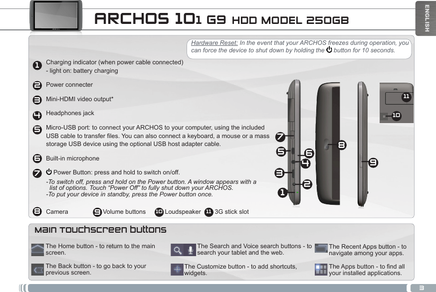 32134568791110ENGLISH  ARCHOS 101 G9 HDD MODEL 250GBCharging indicator (when power cable connected)  - light on: battery chargingPower connecterMini-HDMI video output*Headphones jack   Micro-USB port: to connect your ARCHOS to your computer, using the included  USB cable to transfer files. You can also connect a keyboard, a mouse or a mass  storage USB device using the optional USB host adapter cable.Built-in microphone Power Button: press and hold to switch on/off.-To switch off, press and hold on the Power button. A window appears with a    list of options. Touch “Power Off” to fully shut down your ARCHOS. -To put your device in standby, press the Power button once. Camera                    Volume buttons           Loudspeaker        3G stick slotHardware Reset: In the event that your ARCHOS freezes during operation, you can force the device to shut down by holding the   button for 10 seconds.Main Touchscreen buttons12345697810 11TheAppsbutton-tondallyour installed applications.The Customize button - to add shortcuts, widgets.The Search and Voice search buttons - to search your tablet and the web. The Recent Apps button - to navigate among your apps.The Home button - to return to the main screen.The Back button - to go back to your previous screen.