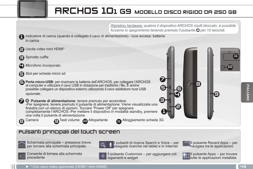 432134568791110ITALIANORipristino hardware: qualora il dispositivo ARCHOS risulti bloccato, è possibile forzarne lo spegnimento tenendo premuto il pulsante   per 10 secondi.  ARCHOS 101 G9 MODELLO DISCO RIGIDO DA 250 GB12345697810 11Indicatore di carica (quando è collegato il cavo di alimentazione) - luce accesa: batteria in caricaUscita video mini HDMI*Spinotto cuffieMicrofono incorporatoSlot per scheda micro sdPorta micro-USB: per ricaricare la batteria dell’ARCHOS, per collegare l’ARCHOS  al computer e utilizzare il cavo USB in dotazione per trasferire i file. È anche  possibile collegare un dispositivo esterno utilizzando il cavo adattatore host USB  opzionale.  Pulsante di alimentazione: tenere premuto per accendere. -Per spegnere, tenere premuto il pulsante di alimentazione. Viene visualizzata una  finestra con un elenco di opzioni. Toccare “Power Off” per spegnere  completamente l’ARCHOS.-Per mettere il dispositivo in modalità standby, premere  una volta il pulsante di alimentazione.   Camera                     Tasti volume         Altoparlante            Alloggiamento scheda 3G► * Con cavo video opzionale (HDMI / mini HDMI).  Il pulsante Apps – per trovare tutte le applicazioni installate.Il pulsante Customize – per aggiungere col-legamenti e widget.I pulsanti di ricerca Search e Voice – per eseguire ricerche nel tablet e in Internet. Il pulsante Recent Apps – per navigare tra le applicazioni.Schermata principale – pressione breve: per tornare alla schermata principale.Consente di tornare alla schermata precedentePulsanti principali del touch screen