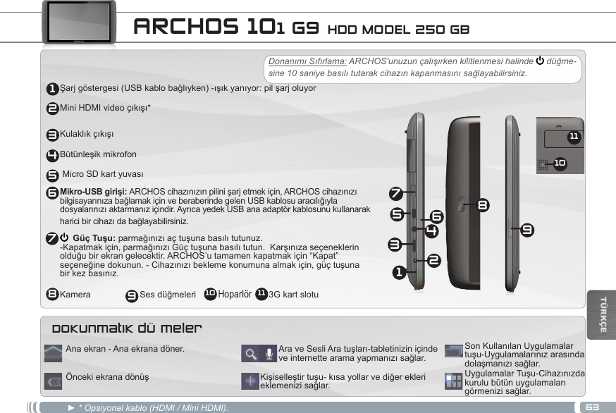 632134568791110TÜRKÇE  ARCHOS 101 G9 HDD MODEL 250 GB12345697810 11Şarjgöstergesi(USBkablobağlıyken)-ışıkyanıyor:pilşarjoluyorMiniHDMIvideoçıkışı*KulaklıkçıkışıBütünleşikmikrofonMicroSDkartyuvası Mikro-USB girişi: ARCHOScihazınızınpilinişarjetmekiçin,ARCHOScihazınızı bilgisayarınızabağlamakiçinveberaberindegelenUSBkablosuaracılığıyla dosyalarınızıaktarmanıziçindir.AyrıcayedekUSBanaadaptörkablosunukullanarak haricibircihazıdabağlayabilirsiniz.  Güç Tuşu: parmağınızıaçtuşunabasılıtutunuz. -Kapatmakiçin,parmağınızıGüçtuşunabasılıtutun.Karşınızaseçeneklerin olduğubirekrangelecektir.ARCHOS’utamamenkapatmakiçin“Kapat” seçeneğinedokunun.-Cihazınızıbeklemekonumunaalmakiçin,güçtuşuna birkezbasınız.     Kamera                    Sesdüğmeleri         Hoparlör       3G kart slotu► * Opsiyonel kablo (HDMI / Mini HDMI).  UygulamalarTuşu-Cihazınızdakurulubütünuygulamalarıgörmenizisağlar.Kişiselleştirtuşu-kısayollarvediğereklerieklemenizisağlar.AraveSesliAratuşları-tabletiniziniçindeveinternettearamayapmanızısağlar.SonKullanılanUygulamalartuşu-Uygulamalarınızarasındadolaşmanızısağlar.Ana ekran - Ana ekrana döner. ÖncekiekranadönüşDokunmatik düğmelerDonanımı Sıfırlama: ARCHOS&apos;unuzun çalışırken kilitlenmesi halinde   düğme-sine 10 saniye basılı tutarak cihazın kapanmasını sağlayabilirsiniz. 