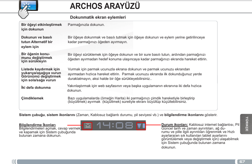 67TÜRKÇEBilgilendirme İkonlarıBilgilendirmeleri açmak, cevap vermek vekapamakiçinSistemçubuğundabulunan zamana dokunun.Sistem çubuğu, sistem ikonlarını(Zaman,Kablosuzbağlantıdurumu,pilseviyesivb.)vebilgilendirme ikonlarını gösterir.Durum ikonları: Kablosuzinternetbağlantısı,PilGünceltarihvezamanayrıntıları,ağdu-rumuvepilleilgiliayrıntılarıöğrenmekveHızlıayarlara(ensıkkullanılantabletayarlarınıgörüntülemekveyadeğiştirmekiçin)ulaşabilmekiçinSistemçubuğundabulunanzamanadokunun.ARCHOS ARAYÜZÜBir öğeyi etkinleştirmek için dokununDokunun ve basılı tutun Alternatif bir eylem içinBir öğenin konu-munu değiştirmek için sürükleyinListede kaydırmak için yukarıya/aşağıya vurunİki defa dokunmaParmağınızladokunun.Biröğeyedokunmakvebasılıtutmakiçinöğeyedokununveeylemyerinegetirilinceyekadarparmağınızıöğedenayırmayın.Biröğeyisürüklemekiçinöğeyedokununvebirsurebasılıtutun,ardındanparmağınızıöğedenayırmadanhedefkonumaulaşıncayakadarparmağınızıekrandahareketettirin.Vurmak için parmak ucunuzla ekrana dokunun ve parmak ucunuzu ekrandan ayırmadanhızlıcahareketettirin.Parmakucunuzuekrandailkdokunduğunuzyerdeduraklatmayın,aksihaldebiröğesürükleyebilirsiniz..Yakınlaştırmakiçinwebsayfasınınveyabaşkauygulamanınekranınaikidefahızlıcadokunun.Dokunmatik ekran eylemleriGörünümü değiştirmek için sola/sağa vurunBazıuygulamalarda(örneğinHarita)ikiparmağınızıçimdikhareketiylebirleştirip(büyültmek)ayırmak(küçültmek)suretiyleekranıbüyültüpküçültebilirsiniz.Çimdiklemek