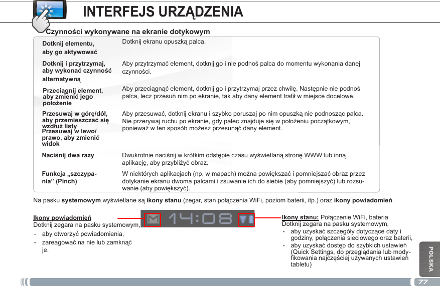 77POLSKAIkony powiadomieńDotknij zegara na pasku systemowym,  - abyotworzyćpowiadomienia,  - zareagowaćnanielubzamknąćje.Na pasku systemowymwyświetlanesąikony stanu(zegar,stanpołączeniaWiFi,poziombaterii,itp.)orazikony powiadomień.Ikony stanu:PołączenieWiFi,bateriaDotknij zegara na pasku systemowym,  - abyuzyskaćszczegółydotyczącedatyigodziny,połączeniasieciowegoorazbaterii, - abyuzyskaćdostępdoszybkichustawień(QuickSettings,doprzeglądanialubmody-kowanianajczęściejużywanychustawieńtabletu)INTERFEJS URZĄDZENIADotknij elementu, aby go aktywowaćDotknij i przytrzymaj,aby wykonać czynność alternatywnąPrzesuwaj w górę/dół, aby przemieszczać się wzdłuż listyNaciśnij dwa razyDotknijekranuopuszkąpalca.Abyprzytrzymaćelement,dotknijgoiniepodnośpalcadomomentuwykonaniadanejczynności.Abyprzeciągnąćelement,dotknijgoiprzytrzymajprzezchwilę.Następnieniepodnośpalca,leczprzesuńnimpoekranie,takabydanyelementtrałwmiejscedocelowe.Abyprzesuwać,dotknijekranuiszybkoporuszajponimopuszkąniepodnoszącpalca.Nieprzerywajruchupoekranie,gdypalecznajdujesięwpołożeniupoczątkowym,ponieważwtensposóbmożeszprzesunąćdanyelement.DwukrotnienaciśnijwkrótkimodstępieczasuwyświetlanąstronęWWWlubinnąaplikację,abyprzybliżyćobraz.Przesuwaj w lewo/prawo, aby zmienić widokCzynności wykonywane na ekranie dotykowymPrzeciągnij element, aby zmienić jego położenieWniektórychaplikacjach(np.wmapach)możnapowiększaćipomniejszaćobrazprzezdotykanieekranudwomapalcamiizsuwanieichdosiebie(abypomniejszyć)lubrozsu-wanie(abypowiększyć).Funkcja „szczypa-nia” (Pinch)