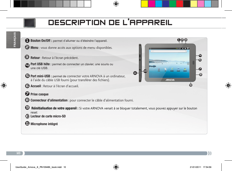 1031 245789612345611789101110FrançaisDEscRiPtioN DE L’aPPaREiLBouton On/Off : permet d’allumer ou d’éteindre l’appareil. Menu : vous donne accès aux options de menu disponibles. Retour : Retour à l’écran précédent. Port USB hôte : permet de connecter un clavier, une souris ou  une clé USB.  Port mini-USB : permet de connecter votre ARNOVA à un ordinateur,  à l’aide du câble USB fourni (pour transférer des fichiers).Accueil : Retour à l’écran d’accueil.   Prise casqueConnecteur d’alimentation : pour connecter le câble d’alimentation fourni.   Réinitialisation de votre appareil : Si votre ARNOVA venait à se bloquer totalement, vous pouvez appuyer sur le bouton reset Lecteur de carte micro-SDMicrophone intégréUserGuide_Arnova_8_PN109489_book.indd   10 21/01/2011   17:54:56