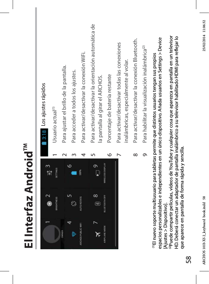 58124679358El Interfaz AndroidTMLos ajustes rápidos1Usuario actual(1)2Para ajustar el brillo de la pantalla.3Para acceder a todos los ajustes.4Para activar/desactivar la conexión WiFi.5Para activar/desactivar la orientación automática de la pantalla al girar el ARCHOS.6Porcentaje de batería restante7Para activar/desactivar todas las conexiones inalámbricas, especialmente al volar.8Para activar/desactivar la conexión Bluetooth.9Para habilitar la visualización inalámbrica(2)(1)El nuevo soporte multiusuario para tabletas permite que distintos usuarios tengan sus propios espacios personalizables e independientes en un único dispositivo. Añada usuarios en Settings &gt; Device [Ajustes &gt; Dispositivo].(2)Puede compartir películas, vídeos de YouTube y cualquier cosa que aparezca en pantalla en un televisor HD. Deberá conectar un adaptador de pantalla inalámbrico a su televisor habilitado HDMI para reflejar lo que aparece en pantalla de forma rápida y sencilla.ARCHOS 101b XS 2_keyboard  book.indd   58 25/02/2014   11:06:32