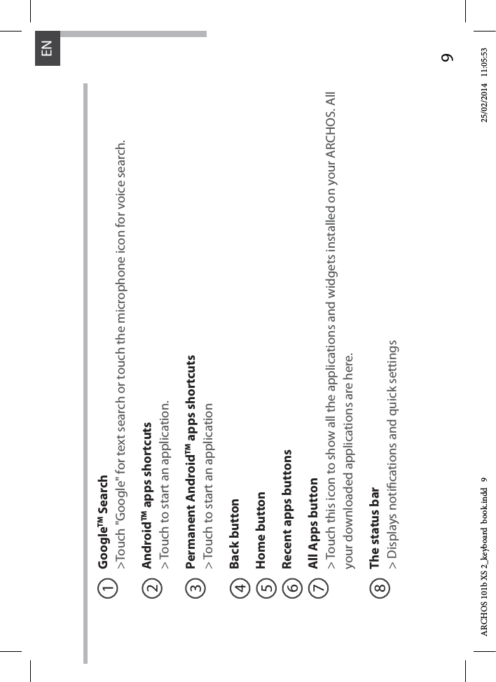 9ENGoogleTM Search&gt;Touch &quot;Google&quot; for text search or touch the microphone icon for voice search. AndroidTM apps shortcuts&gt; Touch to start an application.Permanent AndroidTM apps shortcuts&gt; Touch to start an applicationBack buttonHome button Recent apps buttonsAll Apps button&gt; Touch this icon to show all the applications and widgets installed on your ARCHOS. All your downloaded applications are here.The status bar&gt; Displays notications and quick settings12345678ARCHOS 101b XS 2_keyboard  book.indd   9 25/02/2014   11:05:53