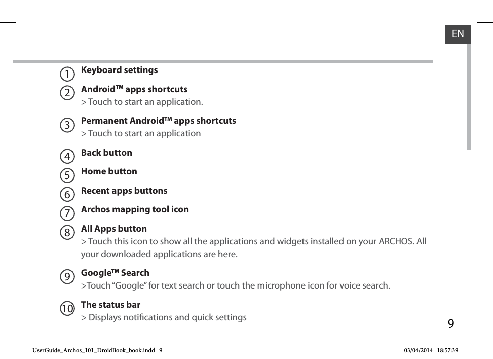 9EN12345678910Keyboard settingsAndroidTM apps shortcuts&gt; Touch to start an application.Permanent AndroidTM apps shortcuts&gt; Touch to start an applicationBack buttonHome button Recent apps buttonsArchos mapping tool iconAll Apps button&gt; Touch this icon to show all the applications and widgets installed on your ARCHOS. All your downloaded applications are here.GoogleTM Search&gt;Touch “Google” for text search or touch the microphone icon for voice search. The status bar&gt; Displays notications and quick settingsUserGuide_Archos_101_DroidBook_book.indd   9 03/04/2014   18:57:39