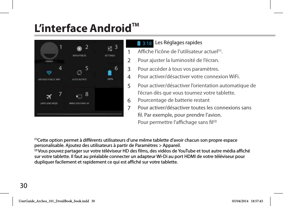 3012467358L’interface AndroidTMLes Réglages rapides1Ache l’icône de l’utilisateur actuel(1).2Pour ajuster la luminosité de l’écran.3Pour accéder à tous vos paramètres.4Pour activer/désactiver votre connexion WiFi.5Pour activer/désactiver l’orientation automatique de l’écran dès que vous tournez votre tablette.6Pourcentage de batterie restant7Pour activer/désactiver toutes les connexions sans l. Par exemple, pour prendre l’avion.Pour permettre l’achage sans l(2)(1)Cette option permet à différents utilisateurs d’une même tablette d’avoir chacun son propre espace personalisable. Ajoutez des utilisateurs à partir de Paramètres &gt; Appareil.(2) Vous pouvez partager sur votre téléviseur HD des films, des vidéos de YouTube et tout autre média affiché sur votre tablette. Il faut au préalable connecter un adapteur Wi-Di au port HDMI de votre téléviseur pour dupliquer facilement et rapidement ce qui est affiché sur votre tablette.UserGuide_Archos_101_DroidBook_book.indd   30 03/04/2014   18:57:43