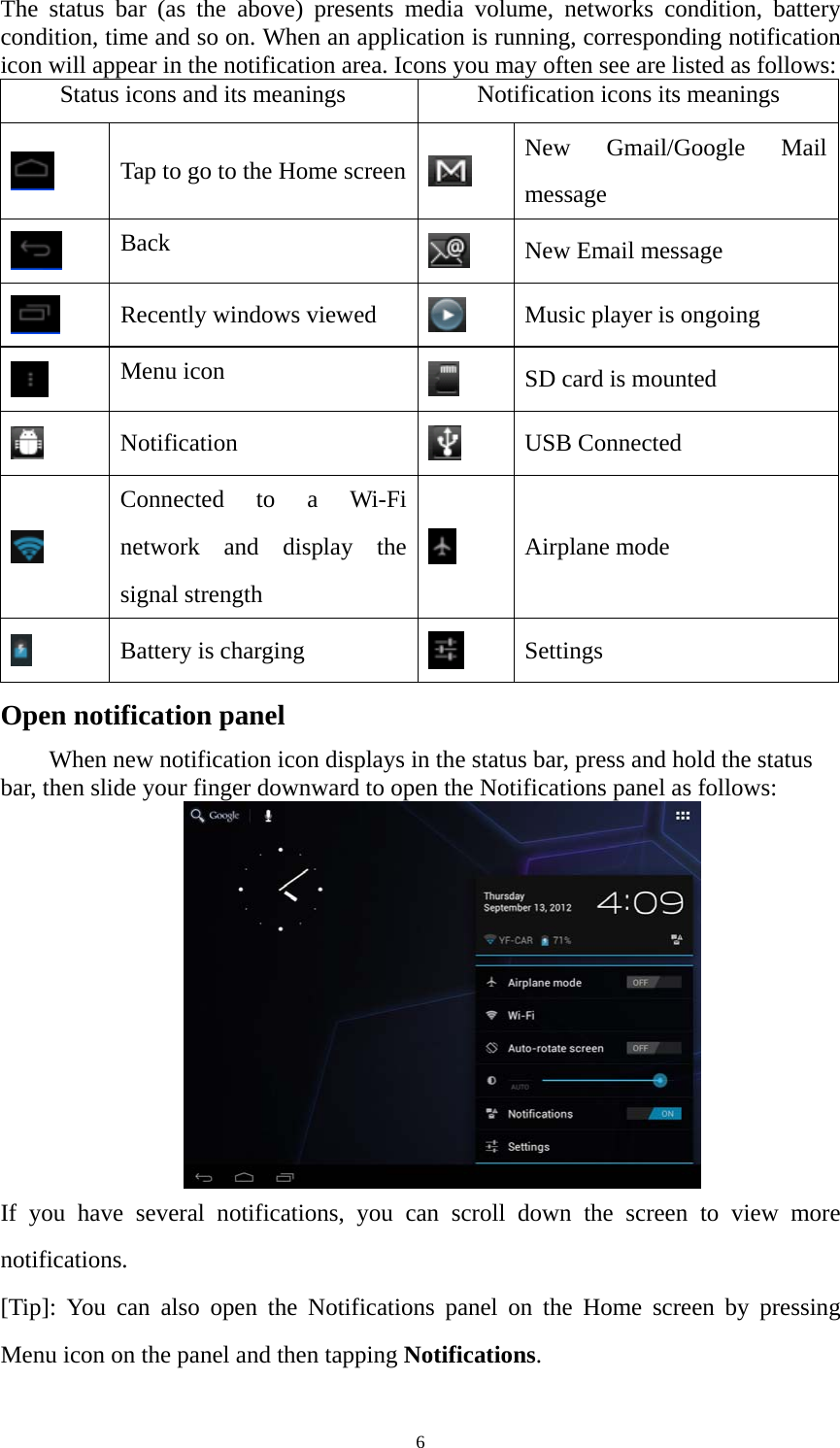 6 The status bar (as the above) presents media volume, networks condition, battery condition, time and so on. When an application is running, corresponding notification icon will appear in the notification area. Icons you may often see are listed as follows:     Status icons and its meanings      Notification icons its meanings    Tap to go to the Home screen  New Gmail/Google Mail message  Back   New Email message  Recently windows viewed   Music player is ongoing  Menu icon   SD card is mounted  Notification   USB Connected  Connected to a Wi-Fi network and display the signal strength  Airplane mode  Battery is charging   Settings  Open notification panel When new notification icon displays in the status bar, press and hold the status bar, then slide your finger downward to open the Notifications panel as follows:    If you have several notifications, you can scroll down the screen to view more notifications. [Tip]: You can also open the Notifications panel on the Home screen by pressing Menu icon on the panel and then tapping Notifications. 