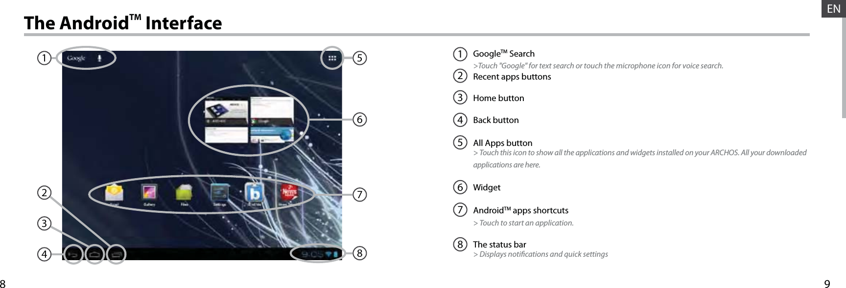 9817234568ENThe AndroidTM InterfaceGoogleTM Search&gt;Touch &quot;Google&quot; for text search or touch the microphone icon for voice search. Recent apps buttonsHome button Back buttonAll Apps button&gt; Touch this icon to show all the applications and widgets installed on your ARCHOS. All your downloaded applications are here.WidgetAndroidTM apps shortcuts&gt; Touch to start an application.The status bar&gt; Displays notications and quick settings12345678
