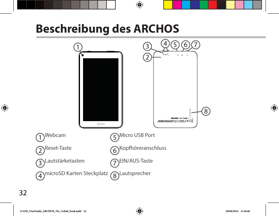 3246871235Beschreibung des ARCHOS WebcamReset-TasteLautstärketastenmicroSD Karten SteckplatzMicro USB PortKopfhöreranschlussEIN/AUS-TasteLautsprecher12345678113329_UserGuide_ARCHOS_70c_Cobalt_book.indd   32 28/08/2014   11:44:46