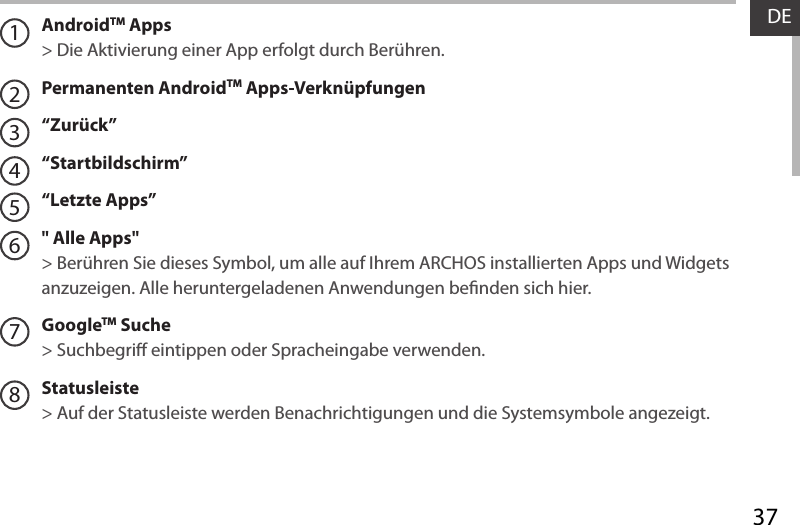 37DEAndroidTM Apps  &gt; Die Aktivierung einer App erfolgt durch Berühren. Permanenten AndroidTM Apps-Verknüpfungen“Zurück”“Startbildschirm”“Letzte Apps”&quot; Alle Apps&quot; &gt; Berühren Sie dieses Symbol, um alle auf Ihrem ARCHOS installierten Apps und Widgets anzuzeigen. Alle heruntergeladenen Anwendungen benden sich hier. GoogleTM Suche&gt; Suchbegri eintippen oder Spracheingabe verwenden.Statusleiste &gt; Auf der Statusleiste werden Benachrichtigungen und die Systemsymbole angezeigt.12345678