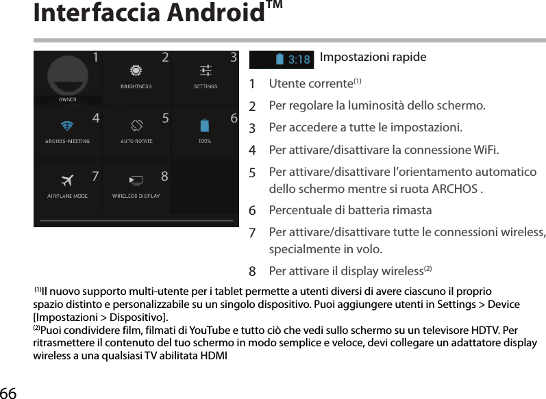 6612345678Interfaccia AndroidTMImpostazioni rapidePer attivare/disattivare le notiche in arrivo.1Utente corrente(1) 2Per regolare la luminosità dello schermo.3Per accedere a tutte le impostazioni.4Per attivare/disattivare la connessione WiFi.5Per attivare/disattivare l’orientamento automatico dello schermo mentre si ruota ARCHOS .6Percentuale di batteria rimasta7Per attivare/disattivare tutte le connessioni wireless, specialmente in volo.8Per attivare il display wireless(2) (1)Il nuovo supporto multi-utente per i tablet permette a utenti diversi di avere ciascuno il proprio spazio distinto e personalizzabile su un singolo dispositivo. Puoi aggiungere utenti in Settings &gt; Device [Impostazioni &gt; Dispositivo].(2)Puoi condividere film, filmati di YouTube e tutto ciò che vedi sullo schermo su un televisore HDTV. Per ritrasmettere il contenuto del tuo schermo in modo semplice e veloce, devi collegare un adattatore display wireless a una qualsiasi TV abilitata HDMI