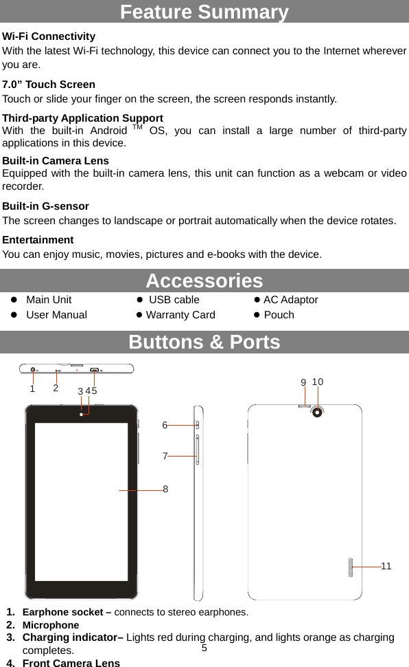  5 Feature Summary Wi-Fi Connectivity With the latest Wi-Fi technology, this device can connect you to the Internet wherever you are.   7.0” Touch Screen Touch or slide your finger on the screen, the screen responds instantly.   Third-party Application Support With the built-in Android TM OS, you can install a large number of third-party applications in this device. Built-in Camera Lens Equipped with the built-in camera lens, this unit can function as a webcam or video recorder. Built-in G-sensor The screen changes to landscape or portrait automatically when the device rotates.   Entertainment You can enjoy music, movies, pictures and e-books with the device.   Accessories z Main Unit             ● USB cable          ● AC Adaptor    z User Manual         ● Warranty Card       ● Pouch Buttons &amp; Ports 1234567891011    1.  Earphone socket – connects to stereo earphones. 2.  Microphone 3. Charging indicator– Lights red during charging, and lights orange as charging completes. 4.  Front Camera Lens 