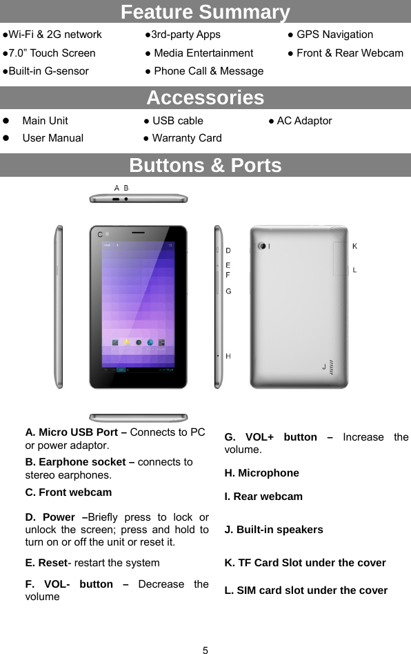  5 Feature Summary ●Wi-Fi &amp; 2G network   ●7.0” Touch Screen ●Built-in G-sensor ●3rd-party Apps ● Media Entertainment ● Phone Call &amp; Message ● GPS Navigation ● Front &amp; Rear Webcam Accessories  Main Unit               ● USB cable            ● AC Adaptor     User Manual           ● Warranty Card Buttons &amp; Ports  A. Micro USB Port – Connects to PC or power adaptor.  G. VOL+ button – Increase the volume. B. Earphone socket – connects to stereo earphones. H. Microphone C. Front webcam I. Rear webcam D. Power –Briefly press to lock or unlock the screen; press and hold to turn on or off the unit or reset it. J. Built-in speakers E. Reset- restart the system    K. TF Card Slot under the cover F. VOL- button – Decrease the volume L. SIM card slot under the cover  