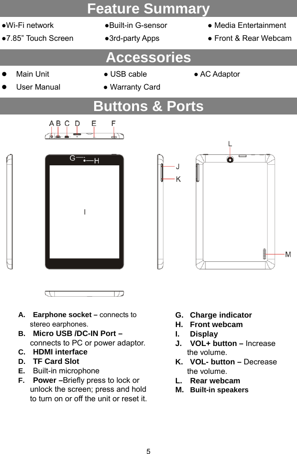  5   Feature Summary ●Wi-Fi network   ●7.85” Touch Screen  ●Built-in G-sensor ●3rd-party Apps ● Media Entertainment ● Front &amp; Rear Webcam Accessories z Main Unit               ● USB cable            ● AC Adaptor    z User Manual           ● Warranty Card Buttons &amp; Ports               G. Charge indicator  H. Front webcam I. Display J.  VOL+ button – Increase the volume. K.  VOL- button – Decrease the volume. L. Rear webcam M.  Built-in speakers   A. Earphone socket – connects to stereo earphones. B.  Micro USB /DC-IN Port – connects to PC or power adaptor. C.  HDMI interface D.  TF Card Slot  E.  Built-in microphone F.  Power –Briefly press to lock or unlock the screen; press and hold to turn on or off the unit or reset it.